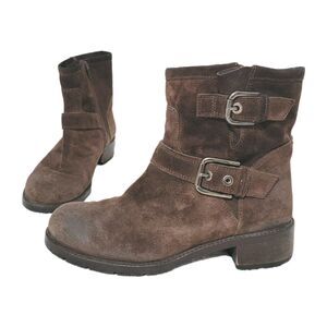 Sesto Meucci Ankle Moto Boots Brown Nubuck Buckle Lug Sole Sz 8M Made In Italy‎